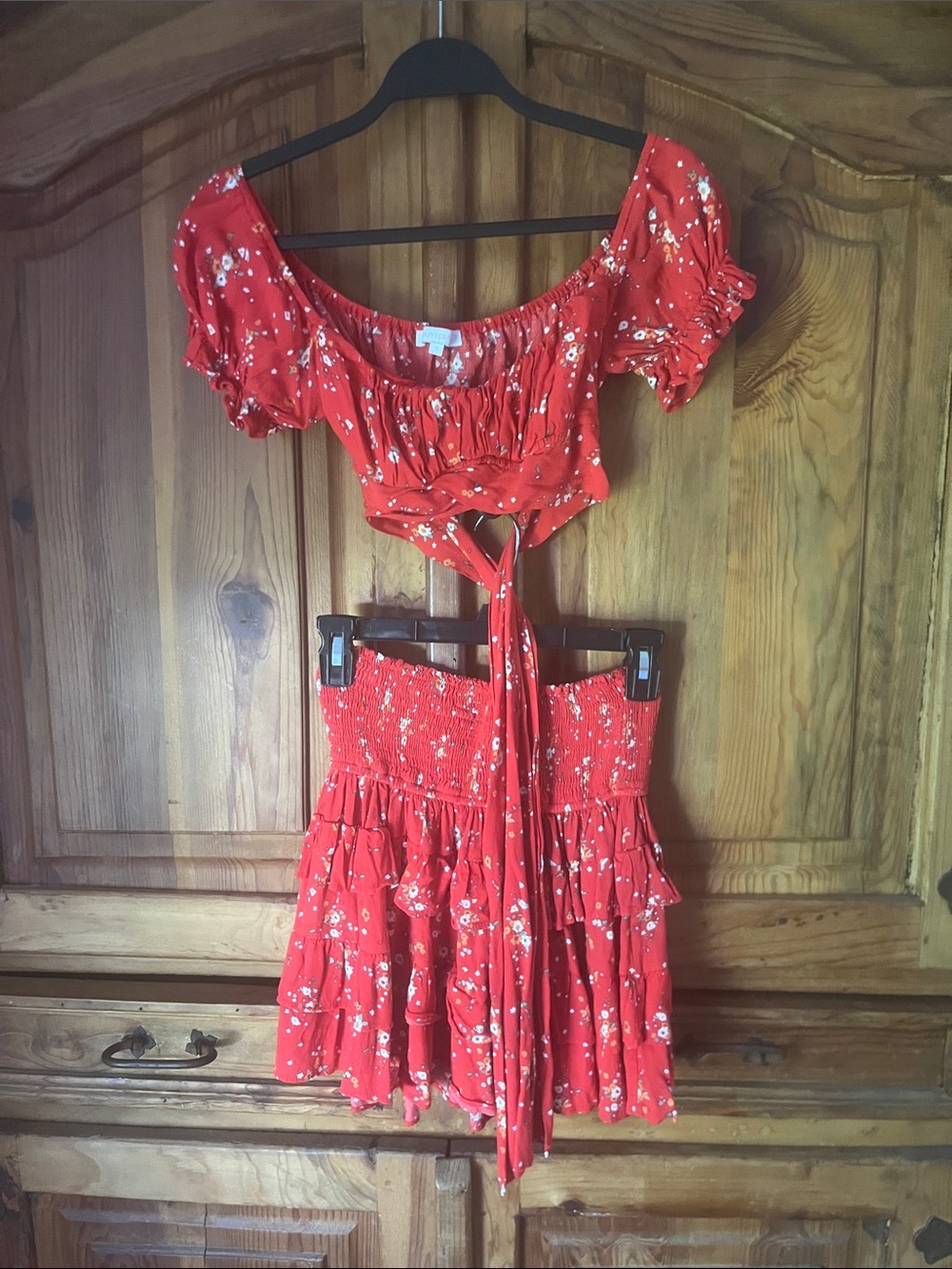 Olivaceous Red Floral Bandeau Crop Top & Ruffle Skirt Set
